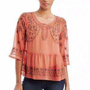 Embroidered Free People Blouse - Orange, Sheer